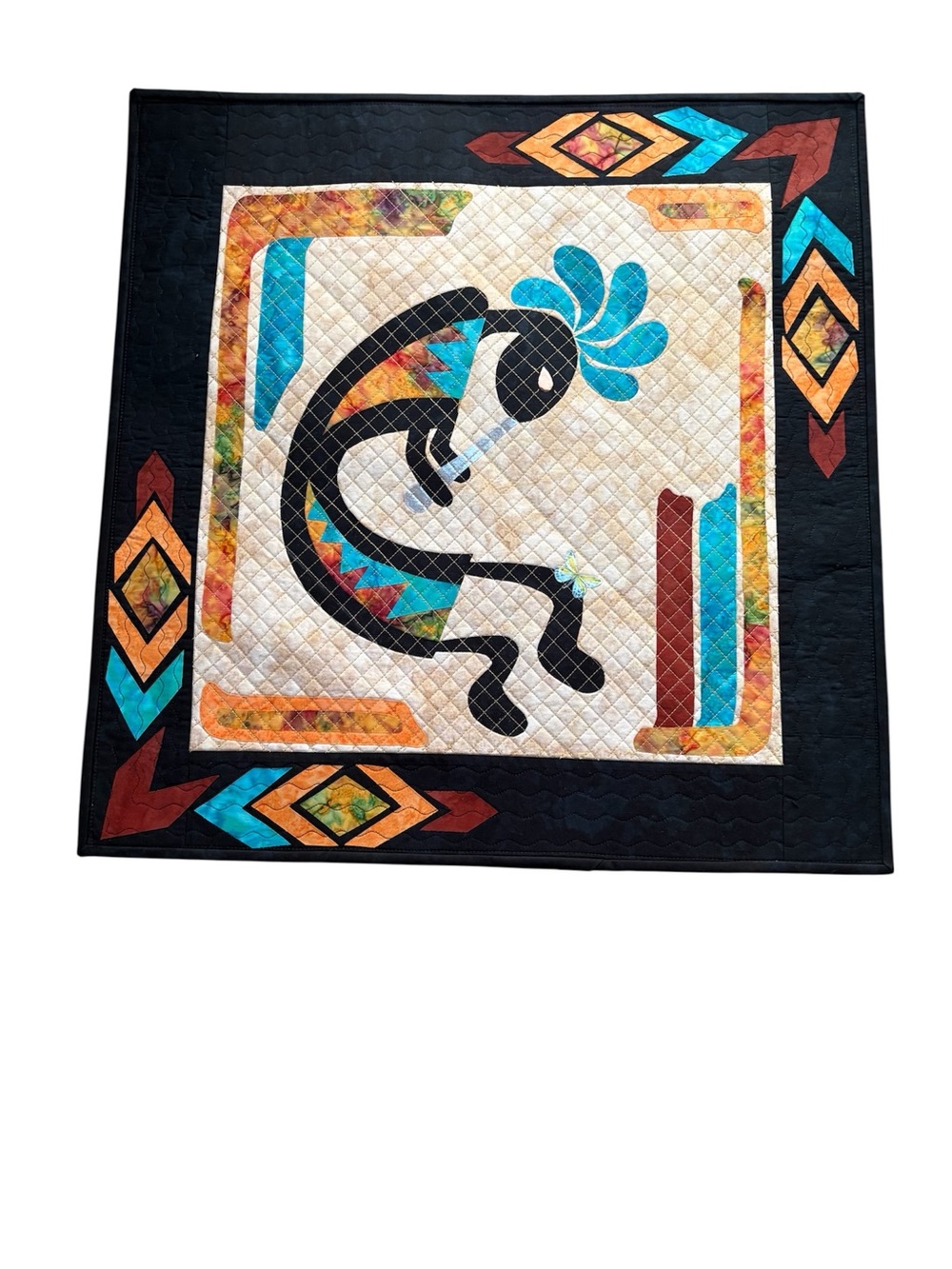 Kokopelli Patchwork Quilt Wall Hanging - Vibrant Turquoise & Rust Accents